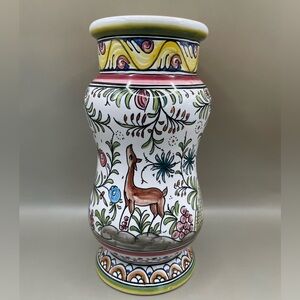 Coimbra Portugal Pottery Hand Painted Deer Bird Castle Floral Vase 7.5”